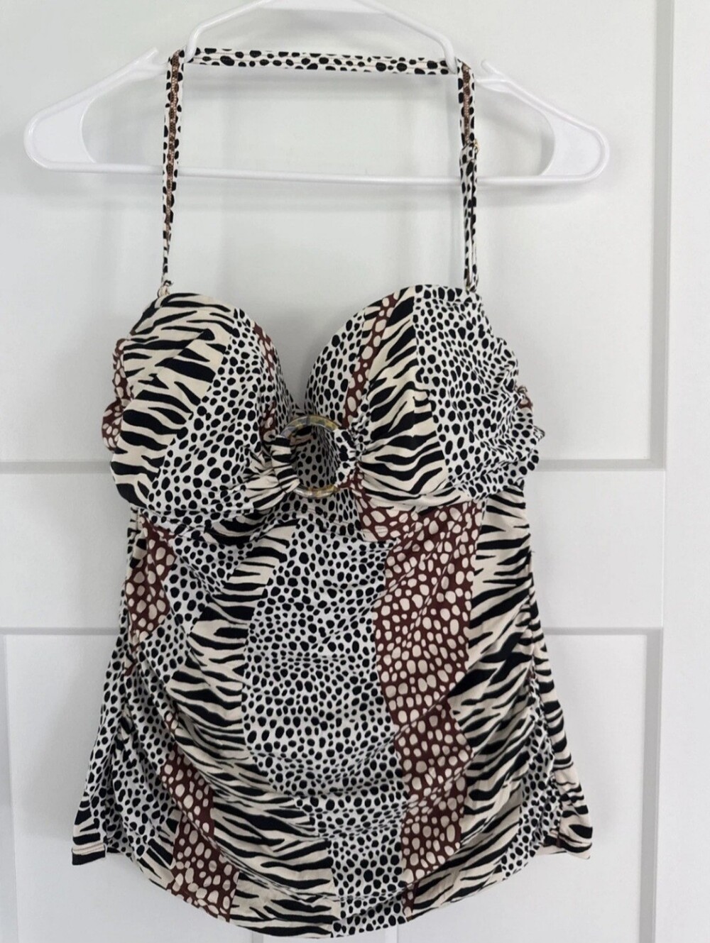 Animal Print Bleu Rod Beattie Swim Top with Ring Detail - Black, White & Brown